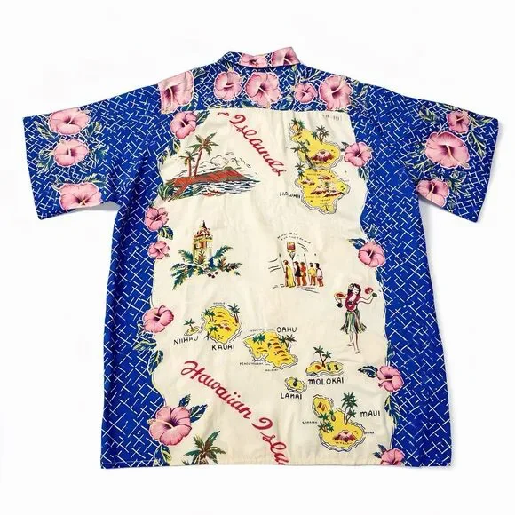 Vintage Reyn Spooner Hawaiian Shirt Map Print Aloha USA Made Rayon L - Picture 3 of 4